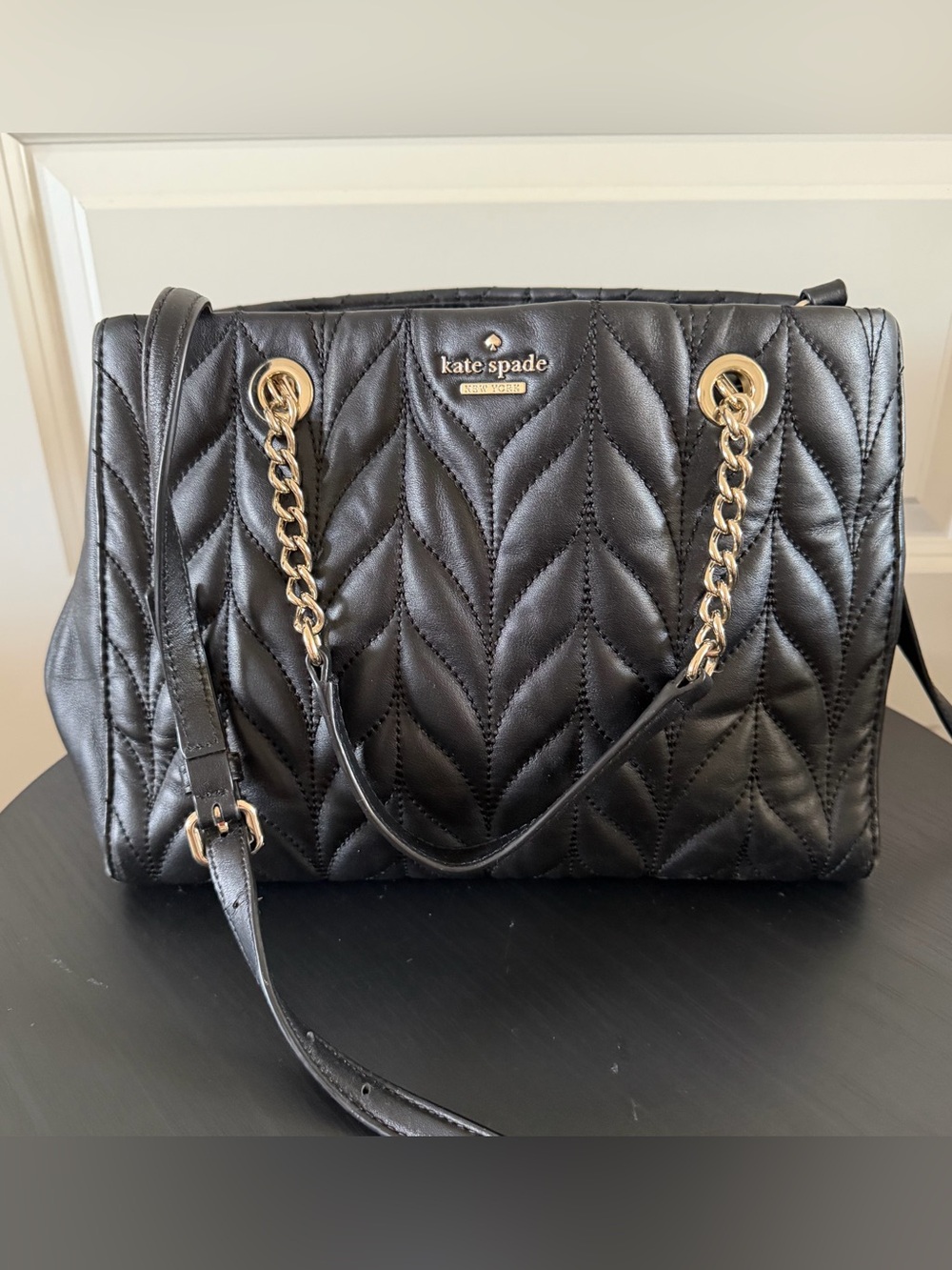 kate spade Black Quilted Leather Shoulder Bag with Gold Chain Straps